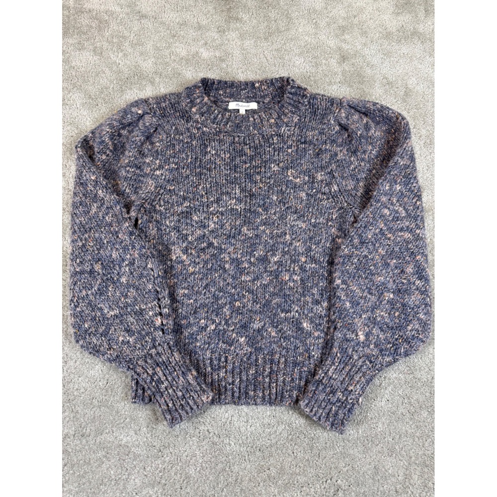 Madewell Womens Blue Marled Puff Sleeve Chunky Knit Wool Blend Sweater Small